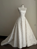 Timeless Square Neck A-Line Satin Appliqu¨¦ Luxury Wedding Dress, White Bridal Gowns HZ1121