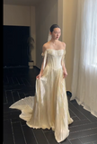 Timeless Off-the-shoulder Sheath Satin Luxury Wedding Dress, Light Champagne Bridal Gowns HZ1121