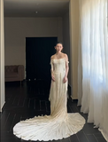 Timeless Off-the-shoulder Sheath Satin Luxury Wedding Dress, Light Champagne Bridal Gowns HZ1121