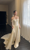 Timeless Off-the-shoulder Sheath Satin Luxury Wedding Dress, Light Champagne Bridal Gowns HZ1121