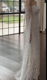 Timeless Off-the-shoulder Sheath Tulle Beading Luxury Wedding Dress, Long Sleeve Bridal Gowns HZ1121