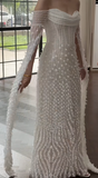 Timeless Off-the-shoulder Sheath Tulle Beading Luxury Wedding Dress, Long Sleeve Bridal Gowns HZ1121