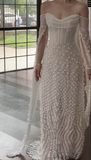 Timeless Off-the-shoulder Sheath Tulle Beading Luxury Wedding Dress, Long Sleeve Bridal Gowns HZ1121