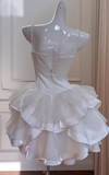 Sexy Spaghetti Strap Ball Gown Short Prom Dresses Satin Tulle Sleeveless Birthday Dresses, White Homecoming Dresses HZ1121