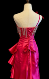 Chic One Shoulder Sheath Satin Long Prom Dresses, Hot Pink Formal Evening Dresses HZ1121