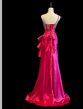 Chic One Shoulder Sheath Satin Long Prom Dresses, Hot Pink Formal Evening Dresses HZ1121