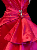 Chic One Shoulder Sheath Satin Long Prom Dresses, Hot Pink Formal Evening Dresses HZ1121