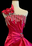 Chic One Shoulder Sheath Satin Long Prom Dresses, Hot Pink Formal Evening Dresses HZ1121