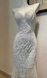 Elegant Spaghetti Strap Mermaid Beaded Chiffon Long Prom Dresses, White Beaded Formal Evening Dresses HZ1121