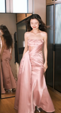 Elegant Strapless Sheath Satin Long Prom Dresses, Pink Formal Evening Dresses HZ1121