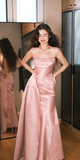 Elegant Strapless Sheath Satin Long Prom Dresses, Pink Formal Evening Dresses HZ1121