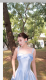 Elegant Spaghetti straps Sheath Satin Long Prom Dresses, Sky Blue Formal Evening Dresses HZ1121