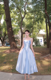 Elegant Spaghetti straps Sheath Satin Long Prom Dresses, Sky Blue Formal Evening Dresses HZ1121