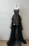 Elegant Strapless Sheath Lace Long Prom Dresses, Black Formal Evening Dresses HZ1121