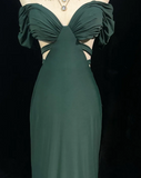 Vintage Off-the-shoulder Mermaid Chiffon Long Prom Dresses, Dark Green Formal Evening Dresses HZ1121