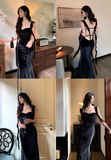 Elegant Spaghetti Straps Mermaid Velvet Long Prom Dresses, Black Evening Dresses HZ1121