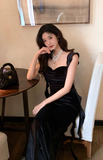 Elegant Spaghetti Straps Mermaid Velvet Long Prom Dresses, Black Evening Dresses HZ1121