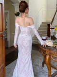 Elegant Off-the-shoulder Sheath Lace Long Prom Dresses, White Formal Evening Dresses HZ1121