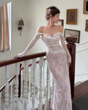 Elegant Off-the-shoulder Sheath Lace Long Prom Dresses, White Formal Evening Dresses HZ1121