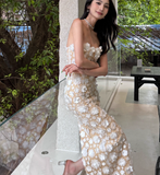 Elegant Strapless Sheath Applique Long Prom Dresses, Tulle Evening Dresses HZ1121