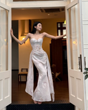 Elegant Spaghetti Straps Mermaid Chiffon Long Prom Dresses, White Evening Dresses HZ1121