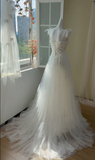 Modest Spaghetti Strap Sheath Tulle Wedding Dress, White Bridal Gowns HZ1121