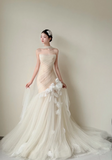 Modest Mermaid Tulle Wedding Dress, Spaghetti Straps Bridal Gowns HZ1121