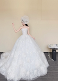 Timeless Strapless A-Line Tulle Applique Wedding Dress, White Sleeveless Bridal Dresses HZ1121
