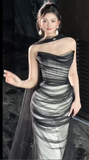 Elegant Strapless Sheath Tulle Long Prom Dresses, Black Sleeveless Formal Evening Dresses HZ1121