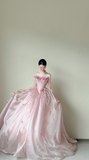 Elegant Strapless Ball Gown Tulle Long Prom Dresses, Pink Formal Evening Dresses HZ1121