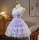 Sweet Strapless A-Line Tulle Lace Short Prom Dresses, Purple Homecoming Dresses HZ1121