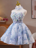 Sweet Strapless A-Line Short Prom Dresses, Blue Homecoming Dresses HZ1121