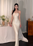 Sexy Strapless Sheath Long Prom Dresses, Light Champagne Formal Evening Dresses HZ1121