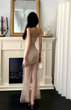 Sexy Off-the-shoulder Sheath Tulle Long Prom Dresses, Light Champagne Formal Evening Dresses HZ1121