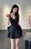 Glam V-neck A-Line Satin Short Prom Dresses, Black Homecoming Dresses HZ1121