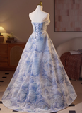 Sweet Strapless A-Line Long Prom Dresses, blue Formal Evening Dresses HZ1121