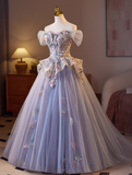 Sweet Off-shoulder A-Line Tulle Appliqued Long Prom Dresses£¬PurpleFormal Evening Dresses HZ1121