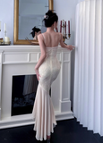 Elegant Spaghetti Straps Mermaid Lace Long Evening Dresses, Light Champagne Formal Dresses HZ1121