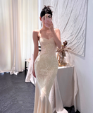 Elegant Spaghetti Straps Mermaid Lace Long Evening Dresses, Light Champagne Formal Dresses HZ1121