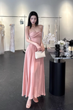 Elegant Strapless Sheath Chiffon Long Evening Dresses, Dusty Pink Formal Dresses HZ1121