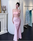 Elegant Halter Sheath Satin Long Evening Dresses, Pink Formal Dresses HZ1121