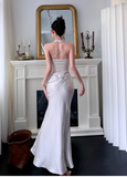 Elegant Halter Sheath Satin Long Evening Dresses, Pink Formal Dresses HZ1121