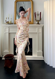 Elegant Straps Mermaid Satin Long Evening Dresses, Floral Backless Formal Dresses HZ1121