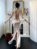 Elegant Straps Mermaid Satin Long Evening Dresses, Floral Backless Formal Dresses HZ1121