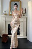 Elegant Straps Mermaid Satin Long Evening Dresses, Floral Backless Formal Dresses HZ1121