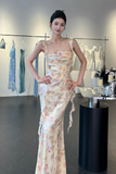 Elegant Straps Mermaid Satin Long Evening Dresses, Floral Backless Formal Dresses HZ1121