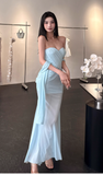 Elegant Sweetheart Sheath Chiffon Long Prom Dresses,Blue Formal Evening Dresses HZ1121