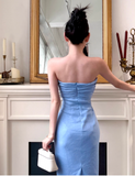 Elegant Strapless Sheath Satin Long Prom Dresses,Blue Formal Evening Dresses HZ1121