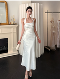 Chic Halter Sheath Satin Evening Dresses,White Formal Dresses HZ1121