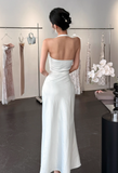 Chic Halter Sheath Satin Evening Dresses,White Formal Dresses HZ1121